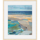 Modern faceted seascape painting of the water's edge in sand, gray, and sea green
