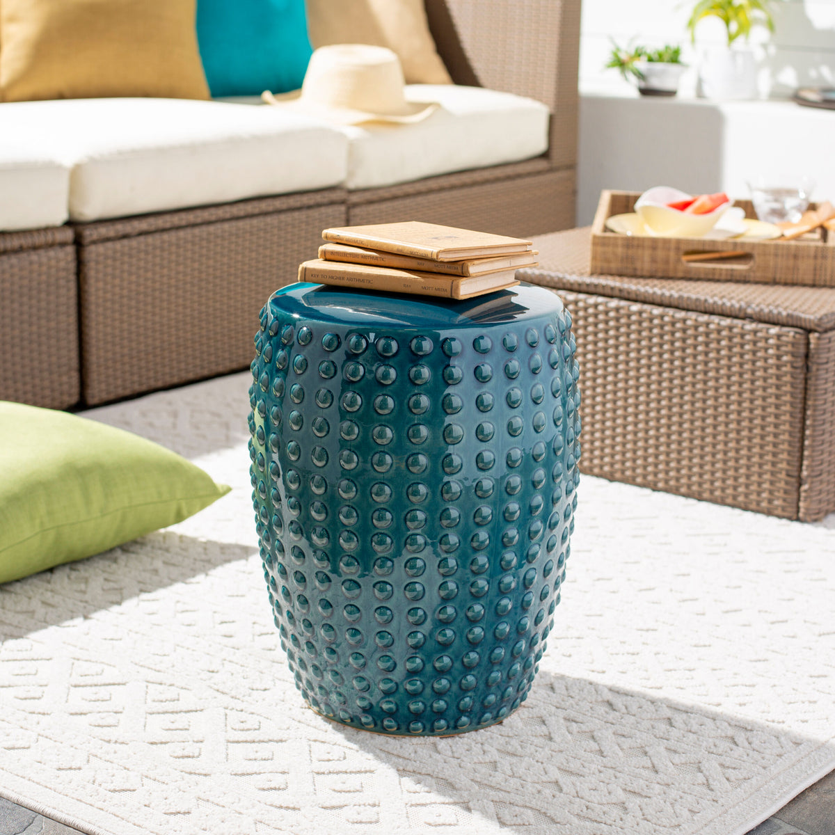 Camdale Garden Stool, styled in a room - Starboard Lane