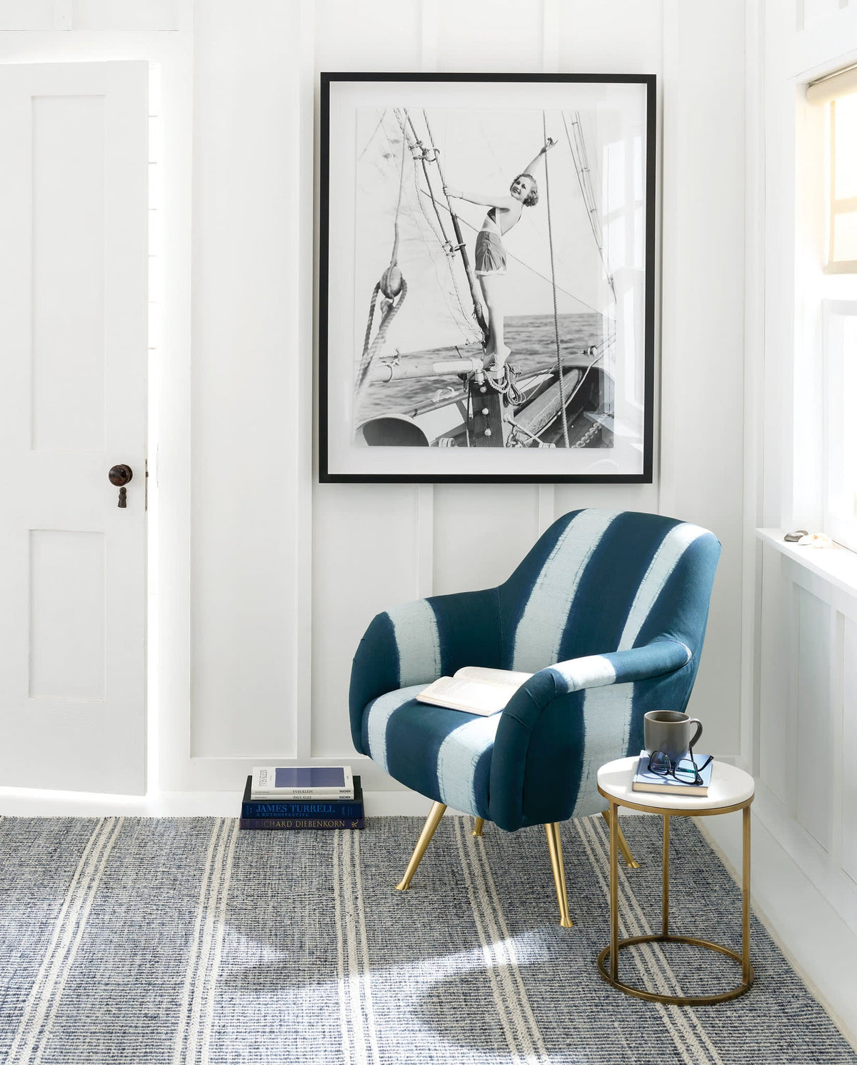 Malta Handwoven Wool Rug, Blue, styled in a room - Starboard Lane