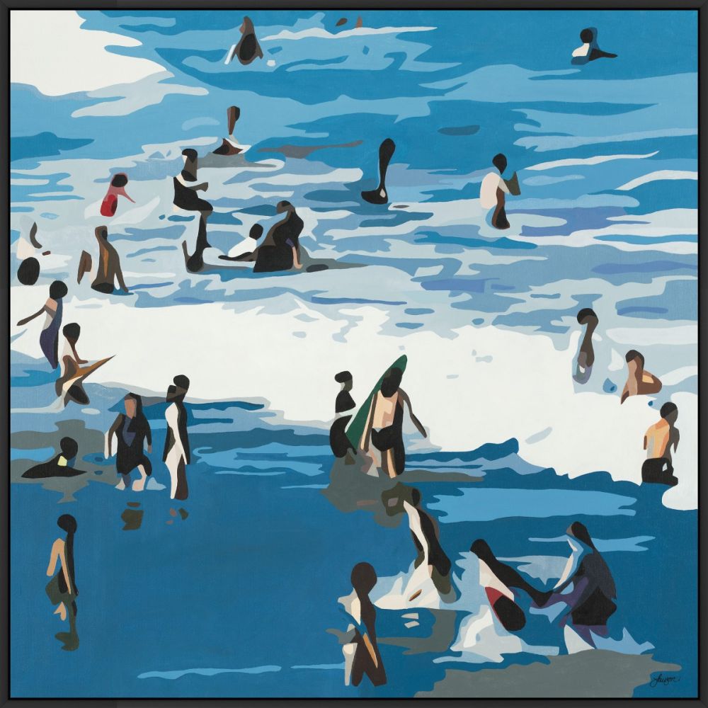 Modern graphic painting of swimmers and surfers in blue and white waves, on canvas in a black floater frame