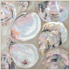 Painting of pearly oyster shells in blush, lavender, and gray on canvas