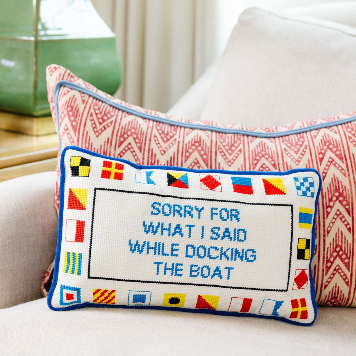 Docking the Boat Needlepoint Pillow, styled - Starboard Lane