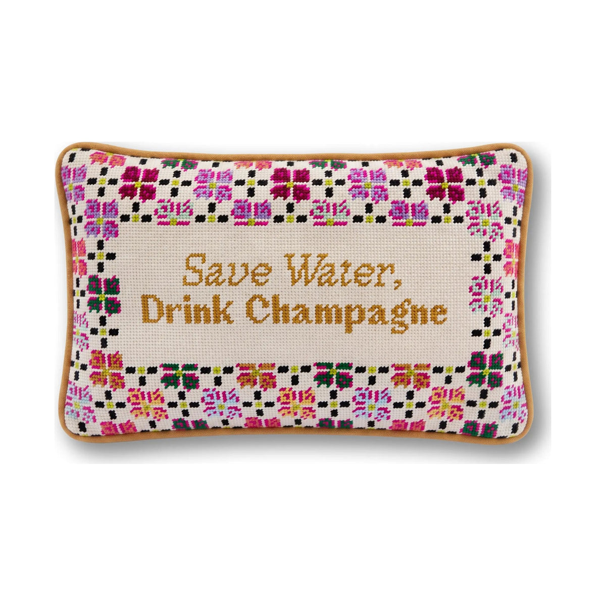 Drink Champagne Needlepoint Pillow reading "Save water, drink champagne" - Starboard Lane