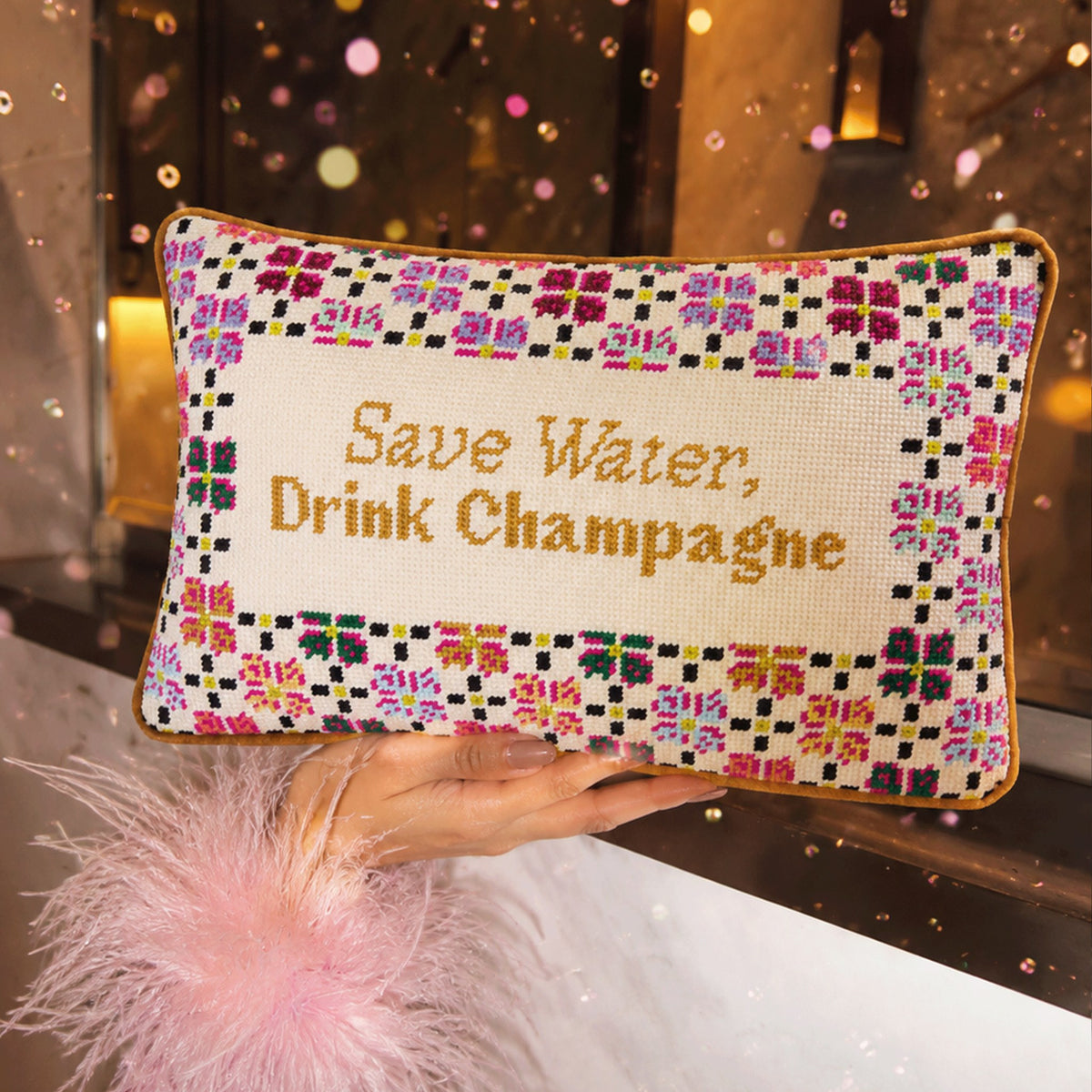 Drink Champagne Needlepoint Pillow, styled - Starboard Lane