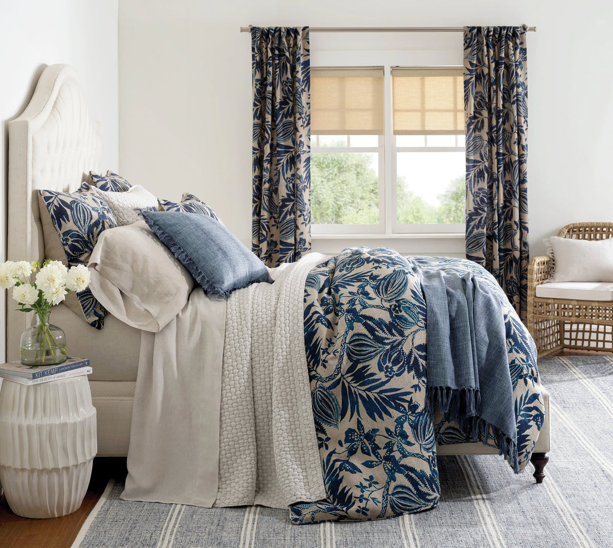 Antigua Linen Sham - Blue, styled on the bed - Starboard Lane
