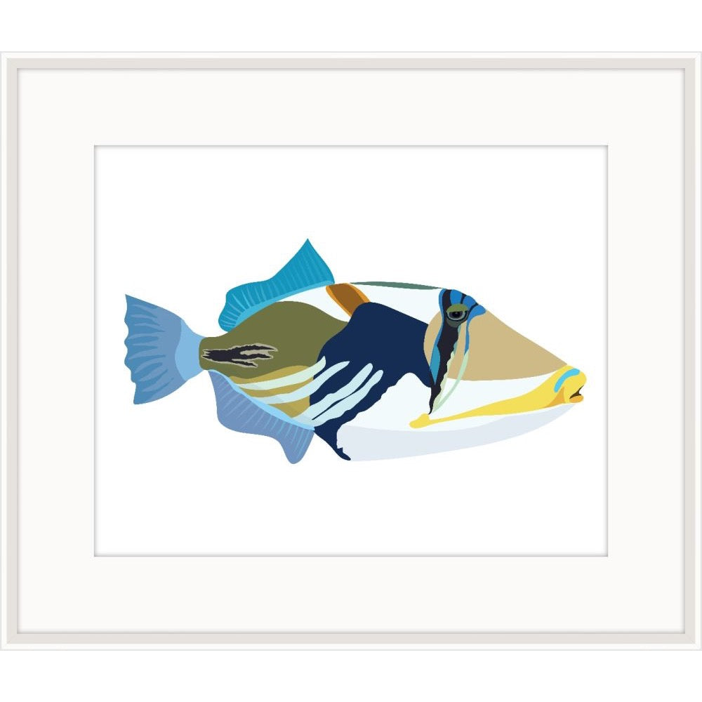 Graphic illustration of a blue, olive, and gold triggerfish on a white background