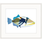 Graphic illustration of a blue, olive, and gold triggerfish on a white background