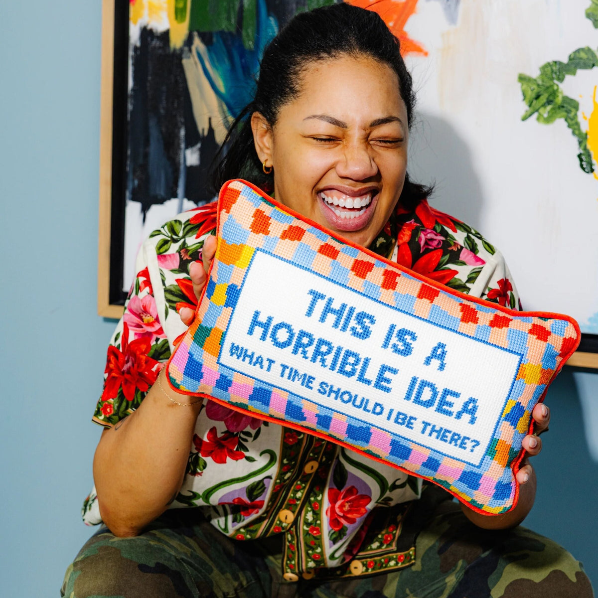 Horrible Idea Needlepoint Pillow, styled - Starboard Lane