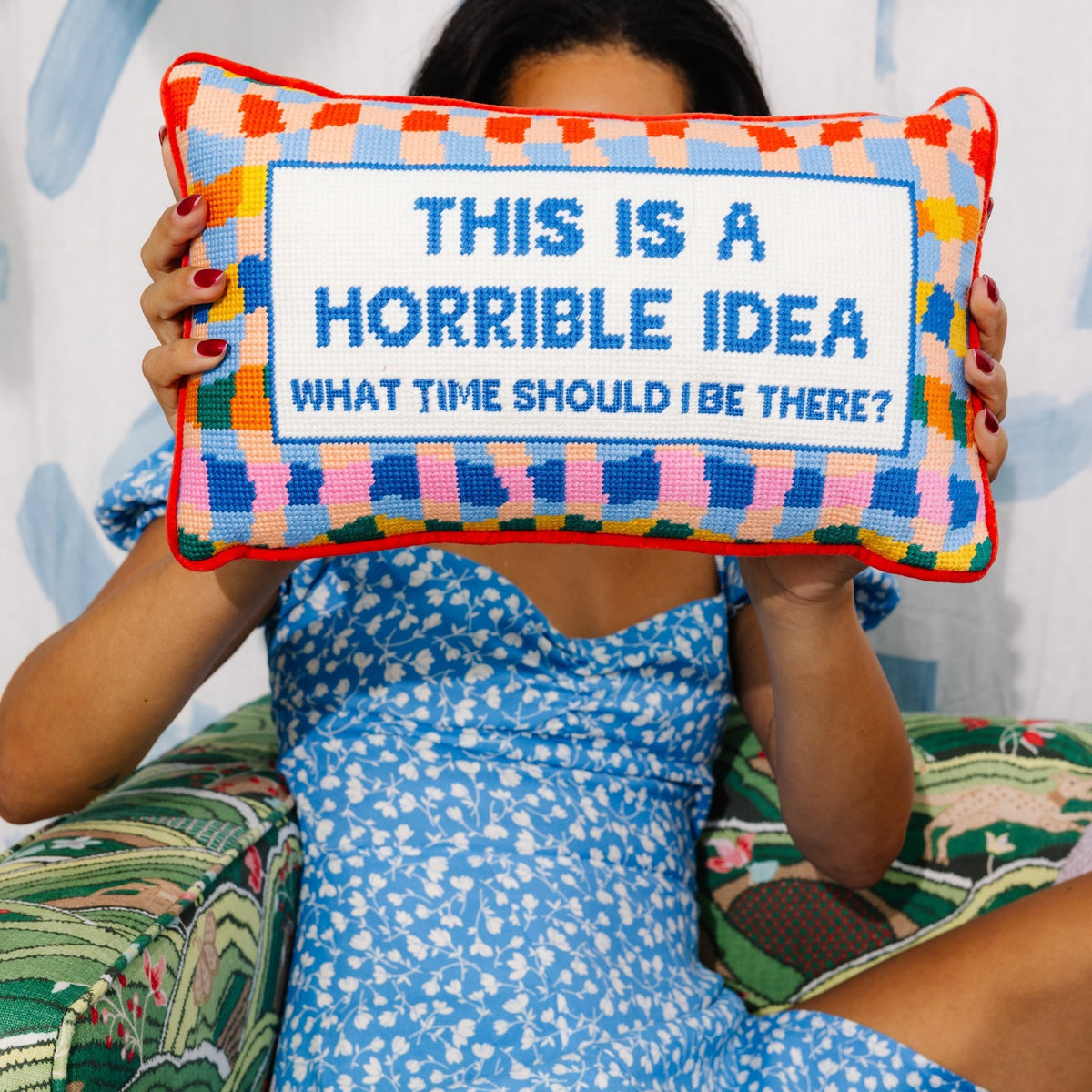 Horrible Idea Needlepoint Pillow, styled - Starboard Lane