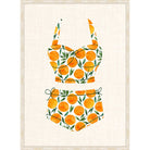 Illustration of a vintage two-piece swimsuit in an orange print on a linen background