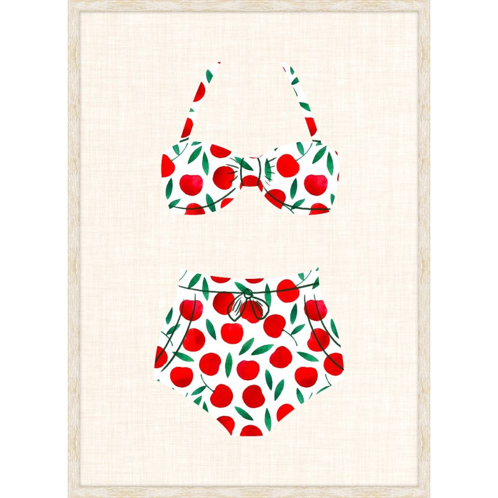 Illustration of a retro two-piece swimsuit in a red cherry print on a linen background