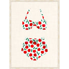 Illustration of a retro two-piece swimsuit in a red cherry print on a linen background