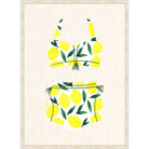 Illustration of a retro two-piece swimsuit in a yellow lemon print on a linen background
