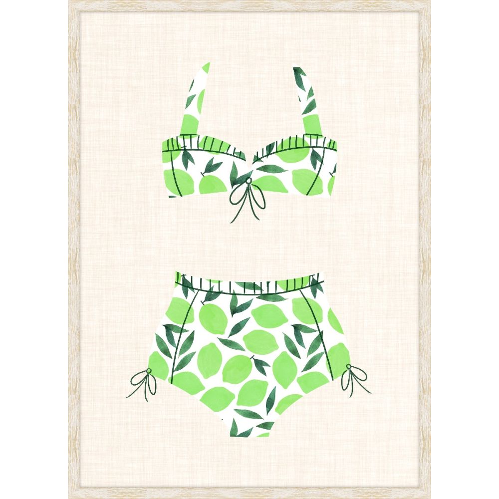 Illustration of a retro two-piece swimsuit in a green lime print on a linen background
