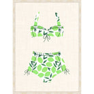Illustration of a retro two-piece swimsuit in a green lime print on a linen background