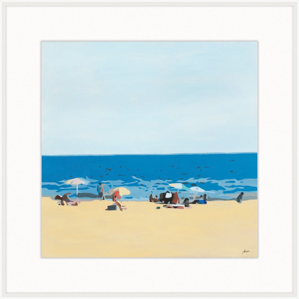 Minimal painting of a sandy beach with umbrellas and sunbathers under a pale blue sky