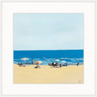 Minimal painting of a sandy beach with umbrellas and sunbathers under a pale blue sky