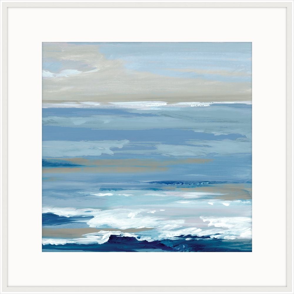 Modern abstract seascape painting in layered blues, gray, and sand with a rolling wave