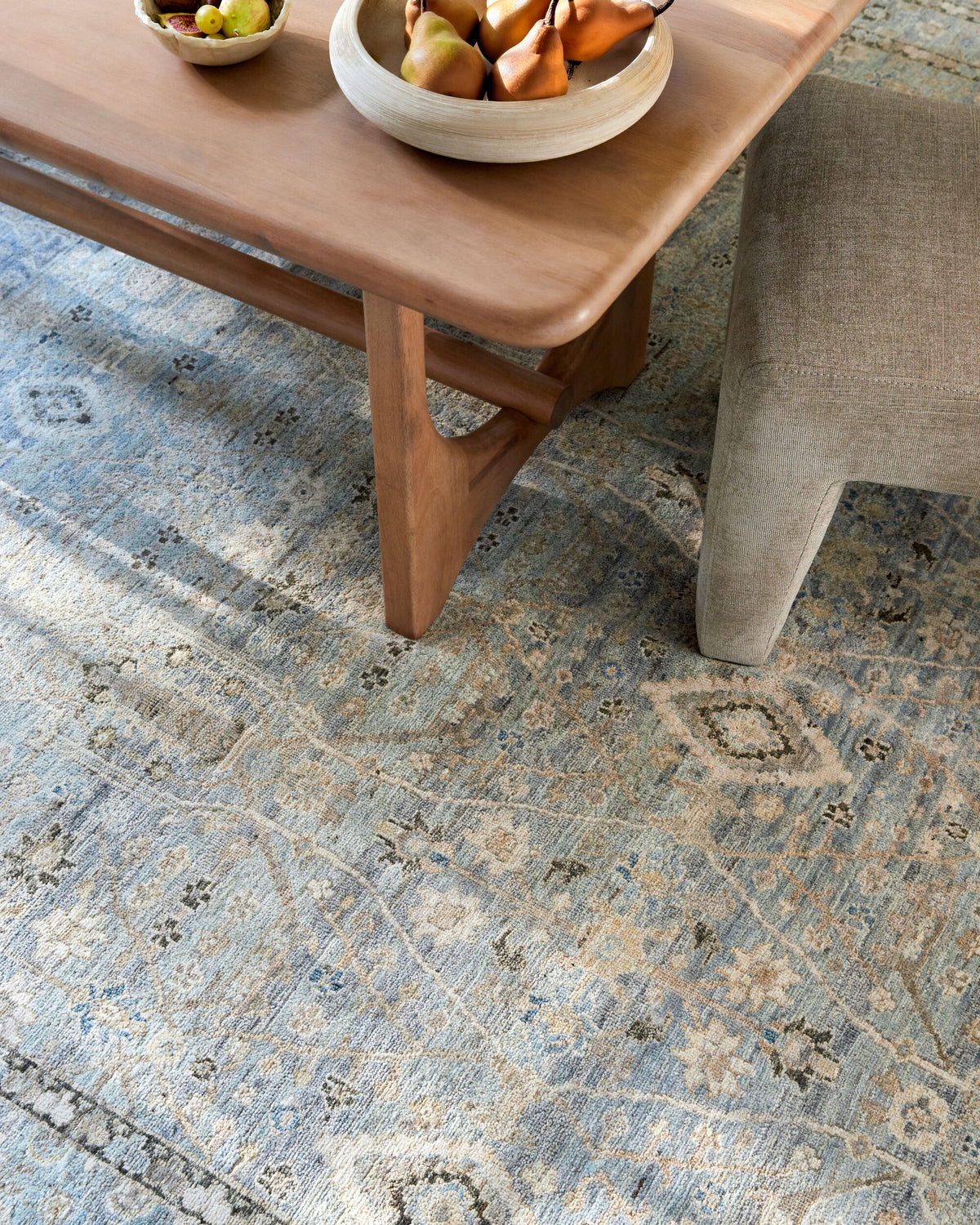Khorasan Hand-Knotted Wool Rug - Sky Blue, styled in a room - Starboard Lane
