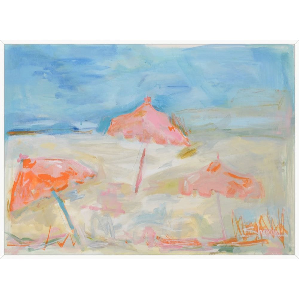 Expressive painting of coral pink beach umbrellas on the sand, on canvas in a white floater frame