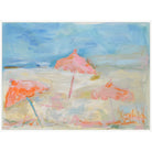 Expressive painting of coral pink beach umbrellas on the sand, on canvas in a white floater frame