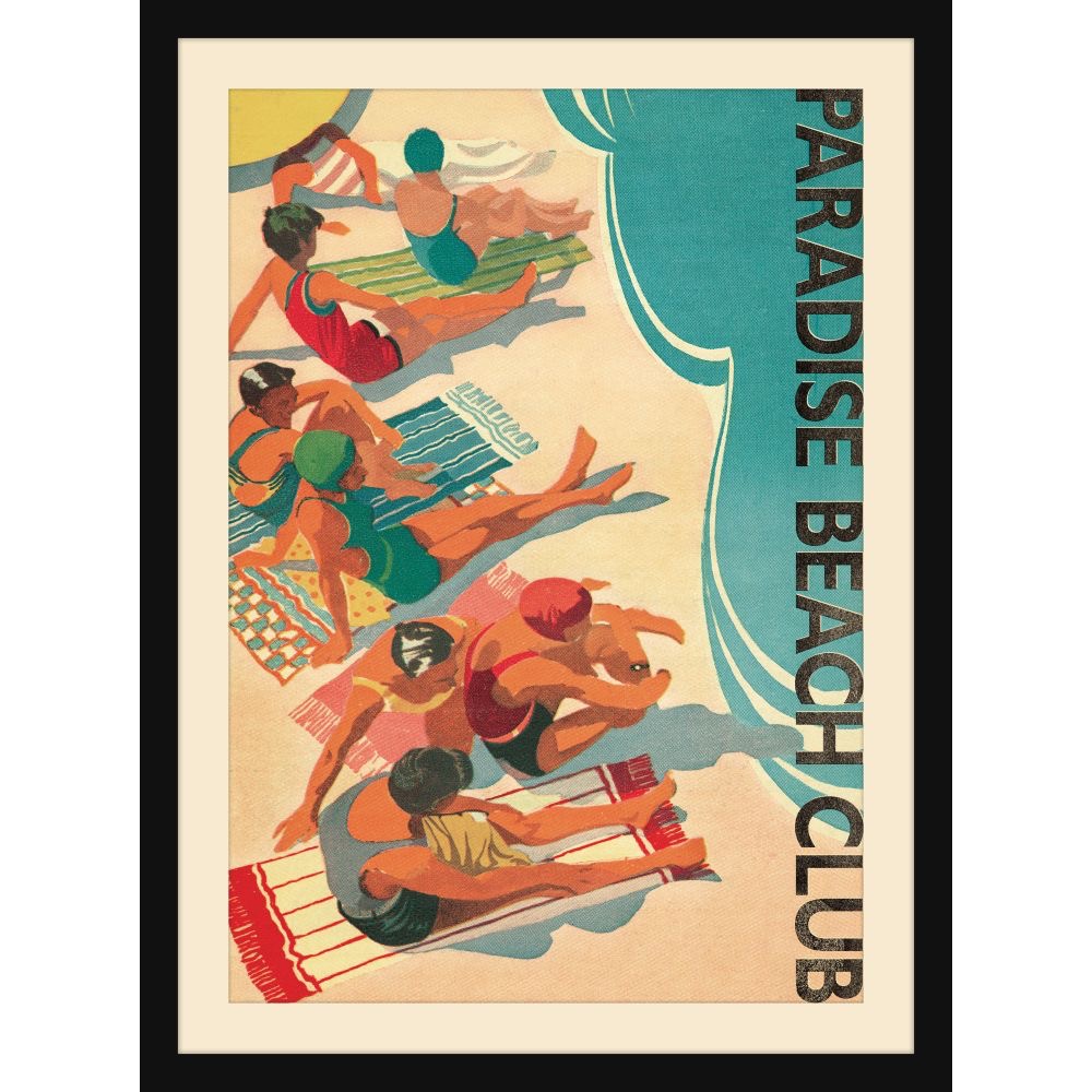 Vintage-style Paradise Beach Club poster of sunbathers on striped towels beside a turquoise wave