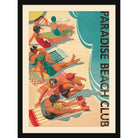 Vintage-style Paradise Beach Club poster of sunbathers on striped towels beside a turquoise wave