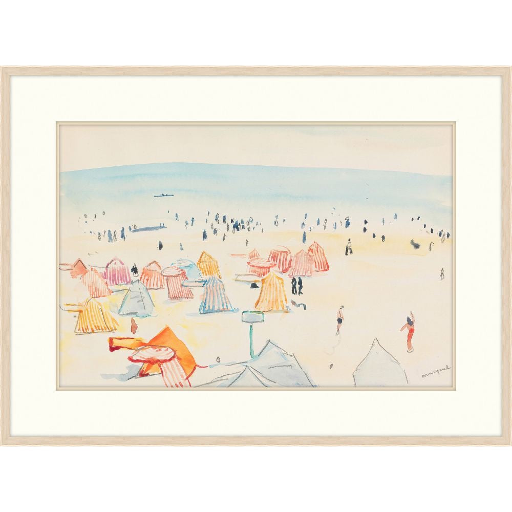 Albert Marquet watercolor of a crowded French beach with colorful striped cabanas