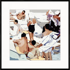 Modern flat-color painting of sunbathers in black swimsuits and white towels, black frame with white mat