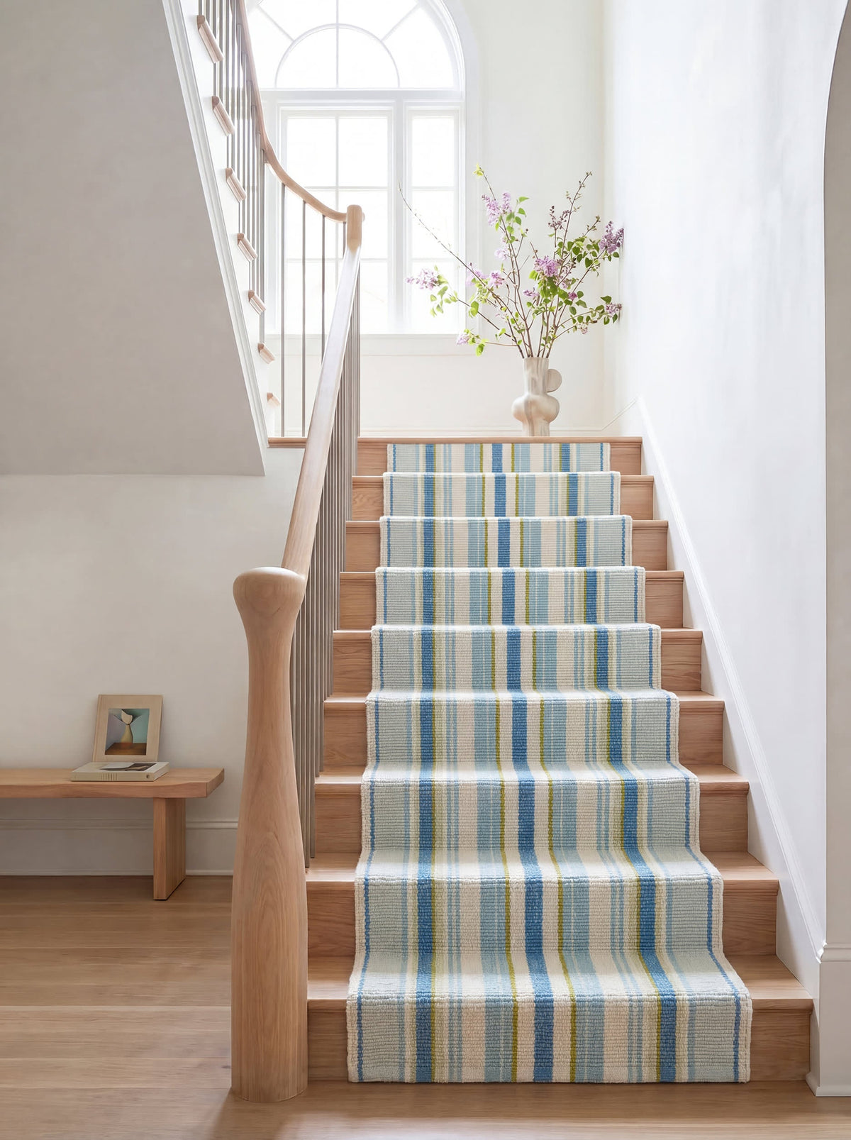 Daphne Stripe Handwoven Cotton Rug, French Blue, styled in a room - Starboard Lane