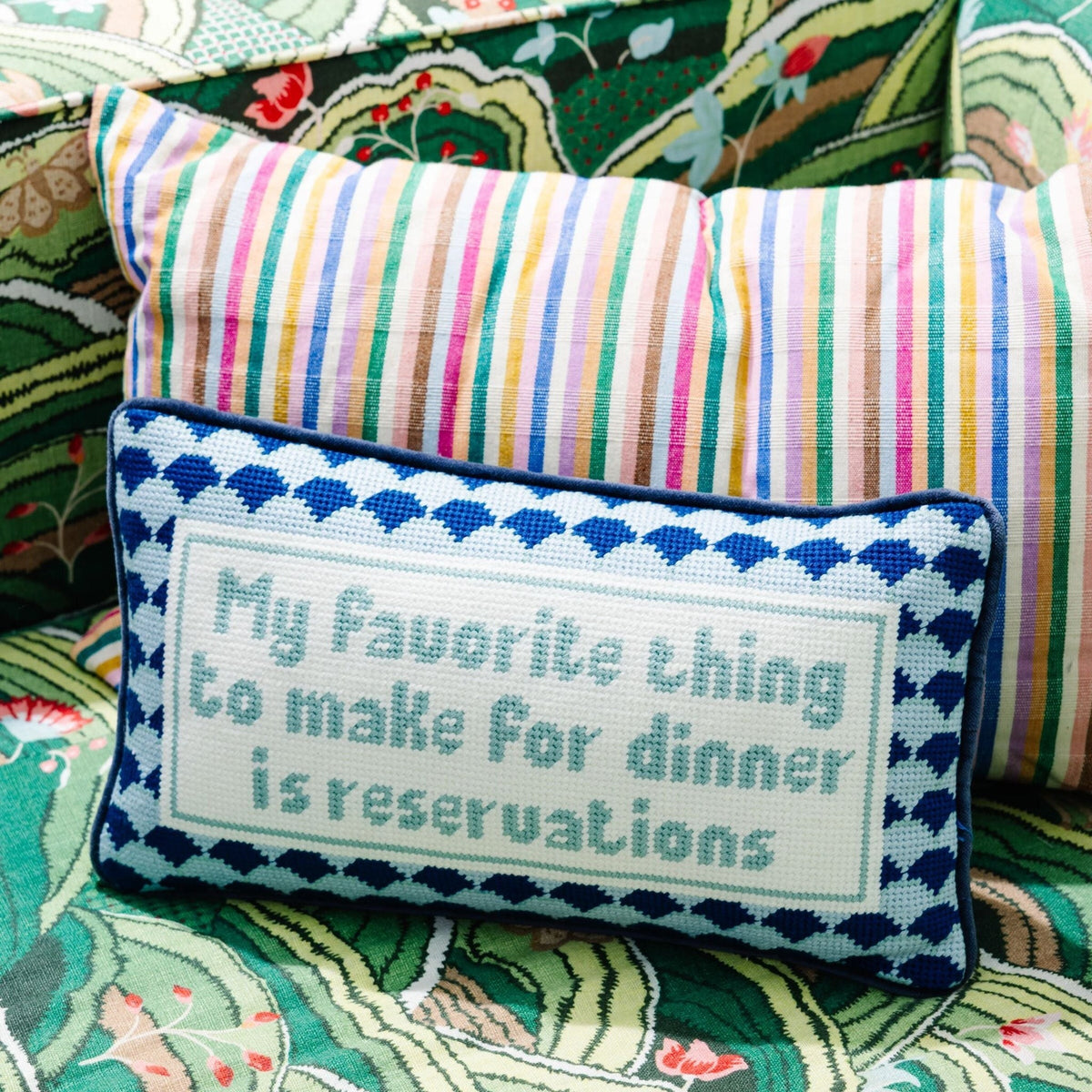 Reservations Needlepoint Pillow, styled - Starboard Lane