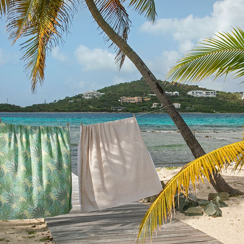 Tobago Leaf Fabric - Palm, styled in a room - Starboard Lane