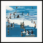 Modern graphic painting of swimmers and surfers in blue and white waves, black frame with white mat