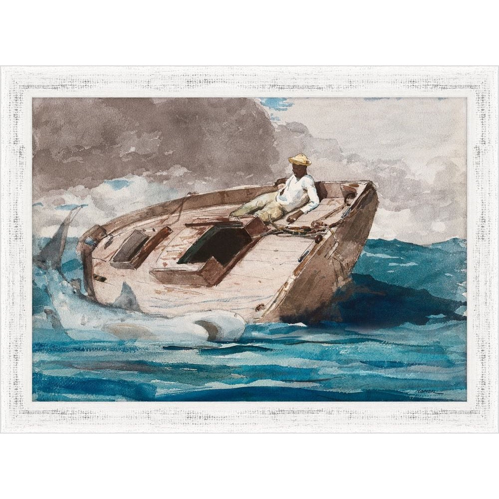 Winslow Homer watercolor of a sailor on a dismasted boat in rolling blue-green seas