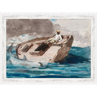 Winslow Homer watercolor of a sailor on a dismasted boat in rolling blue-green seas