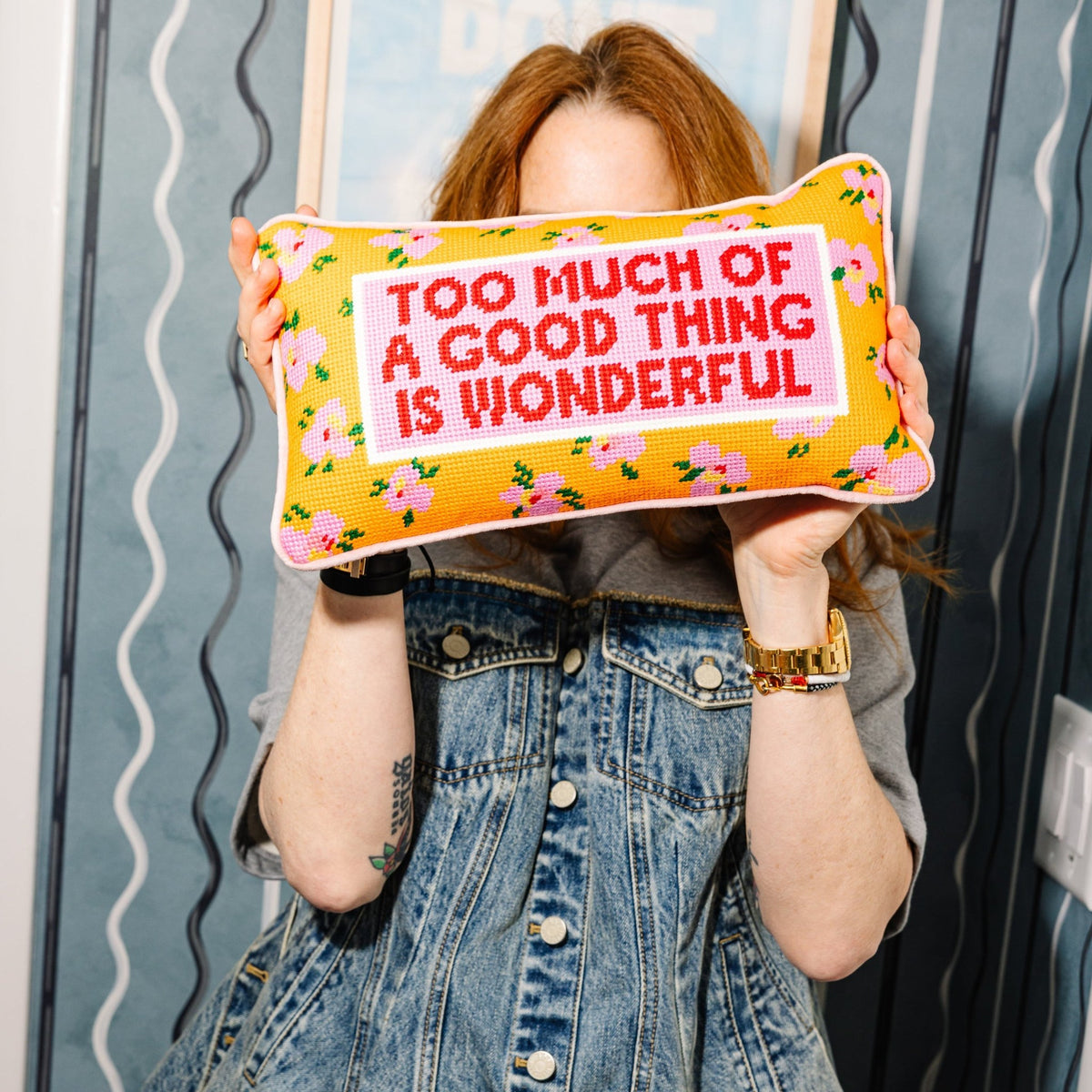 Too Much Needlepoint Pillow, styled - Starboard Lane
